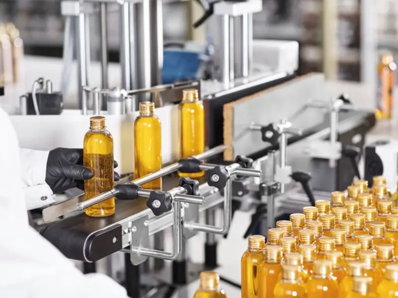 Bottling line with filled bottles on conveyor