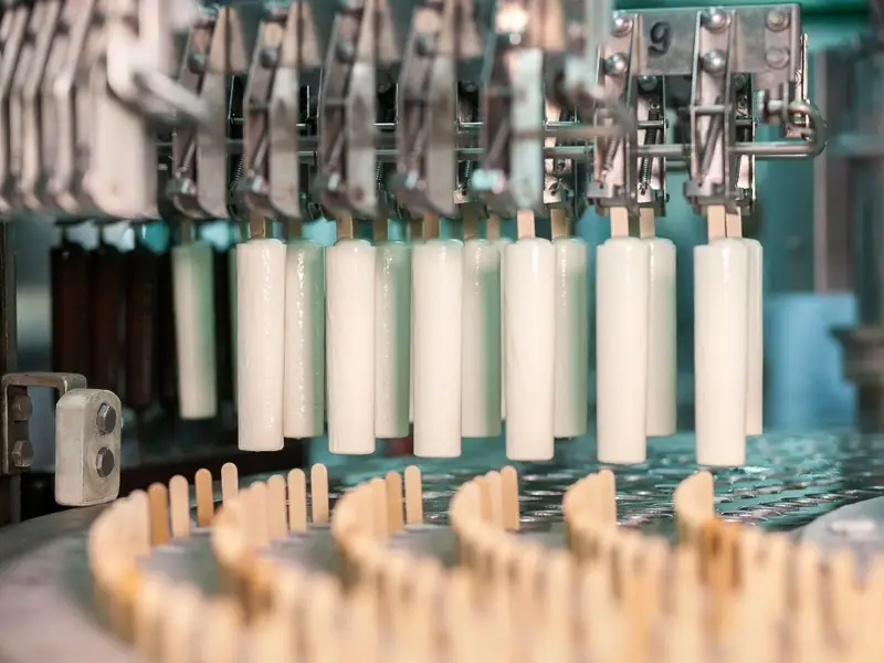 Automated ice cream production line with popsicles on conveyor