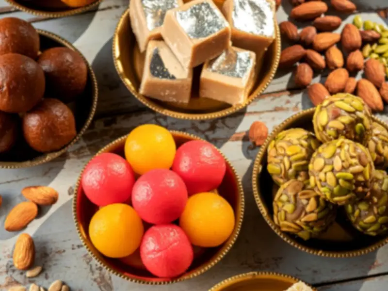 Assorted Indian sweets and mithai in bowls