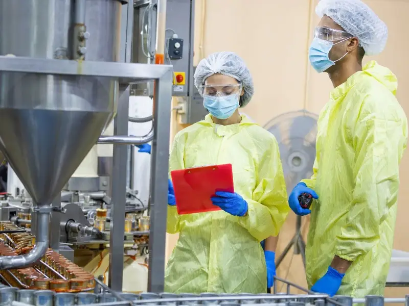 Food production staff in protective equipment beside packaging line