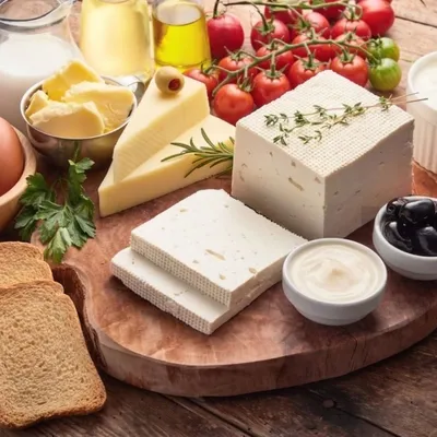 Dairy products, cheese, bread, milk, and fresh produce on a rustic wooden table