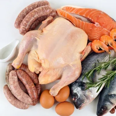 Fresh meat, seafood, eggs, and protein ingredients on a white background